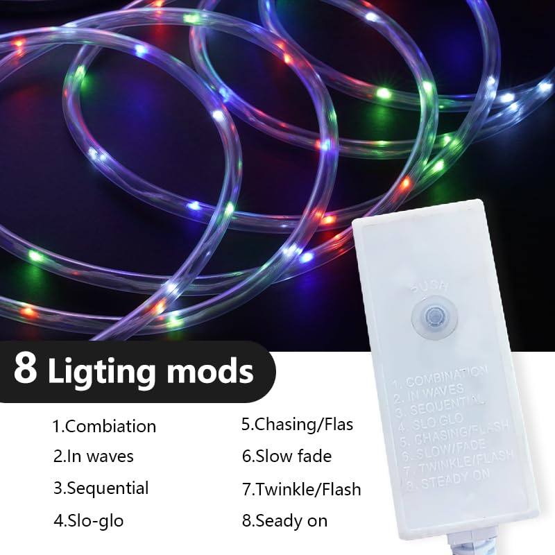 Outdoor Basic LED Rope Lights, Waterproof, 100Ft, Colorful, Flexible, 8 Modes, Connectable for Indoor/Outdoor Use
